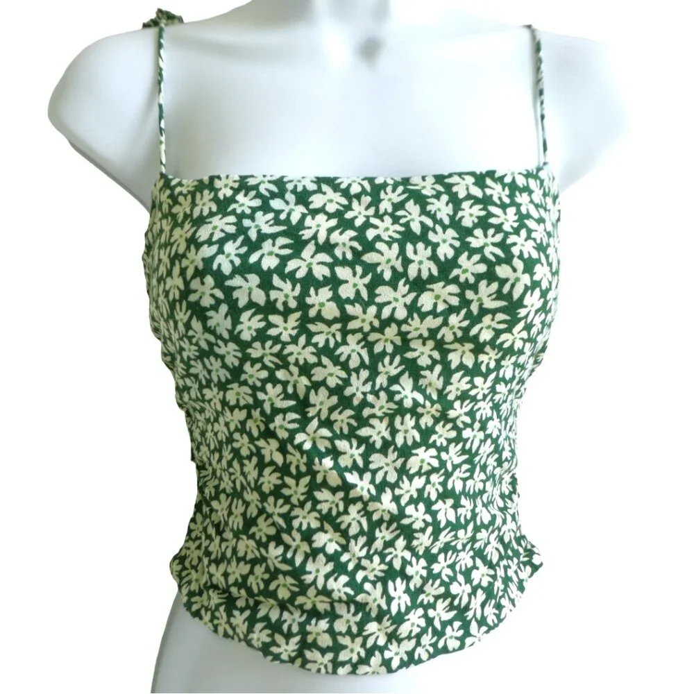 Reformation Floral Lupe Top Smocked Zipper Back Shoulder Ties Green White 2
